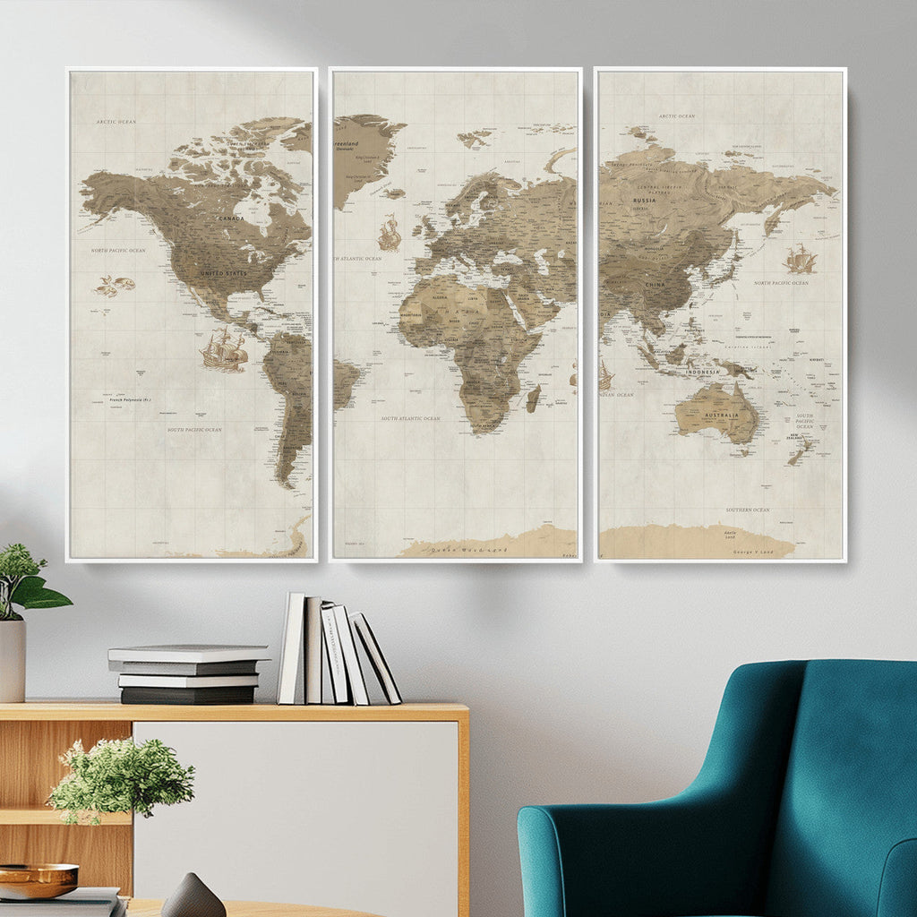 Detailed World Map Wall Art Canvas Print