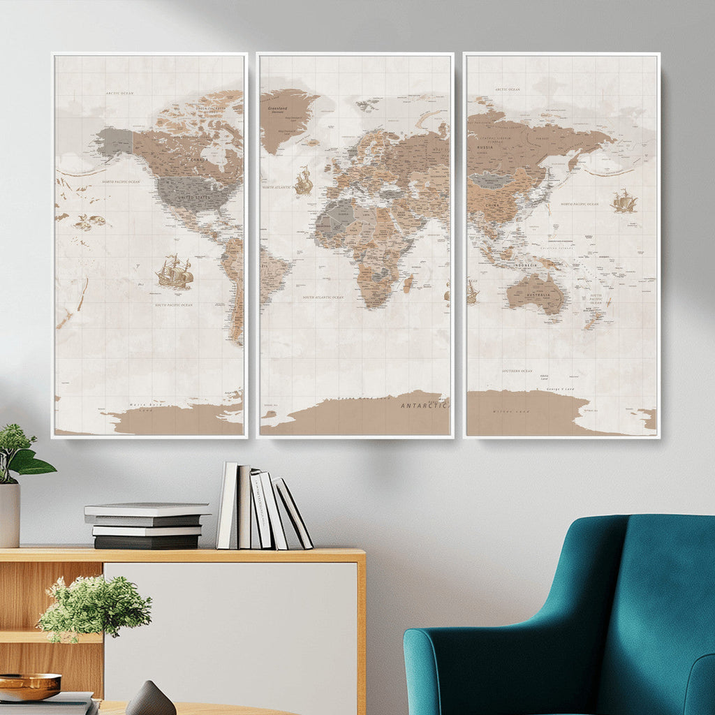Framed Large World Map Canvas Print for Office Decor