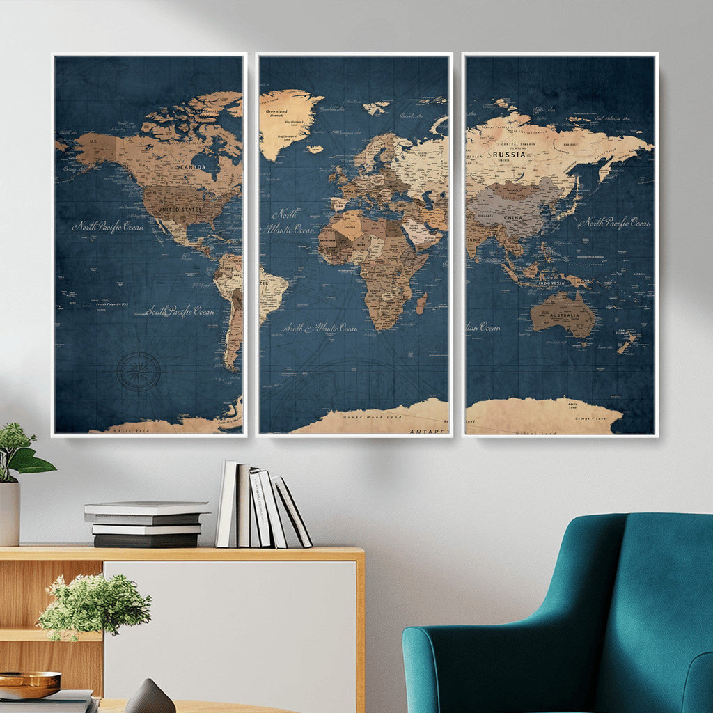 Navy Blue World Map Canvas Print | Framed Travel Map Wall Art