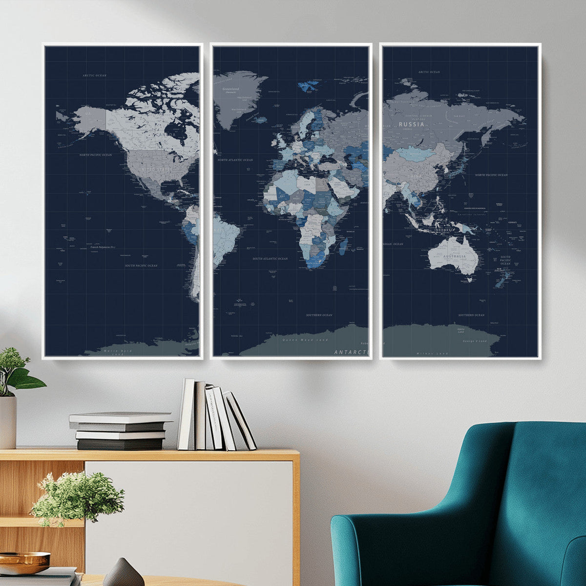 Blue Detailed World Map Wall Art Canvas Print | Modern Framed Map