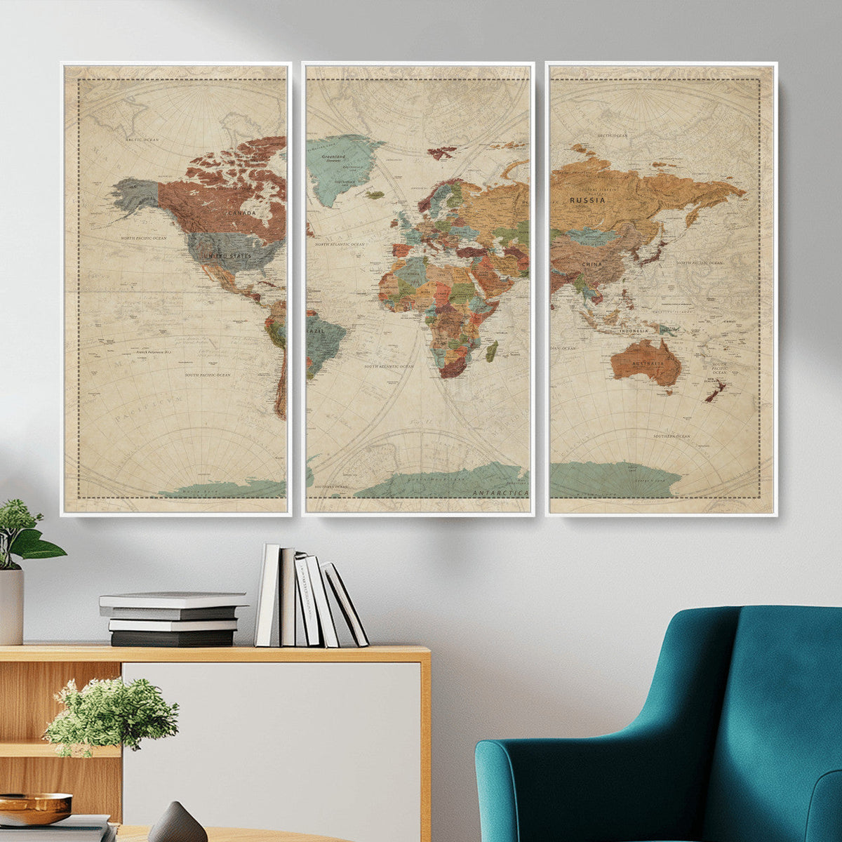 Vintage World Map Canvas Wall Art Print | Framed Modern World Map