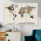 Custom Beige Modern Push Pin World Map Canvas Print, Places Visited Tracker, Bedroom and Study Decor