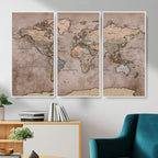 Grunge World Map Canvas Wall Art - Vintage Aged World Map with Golden Tones