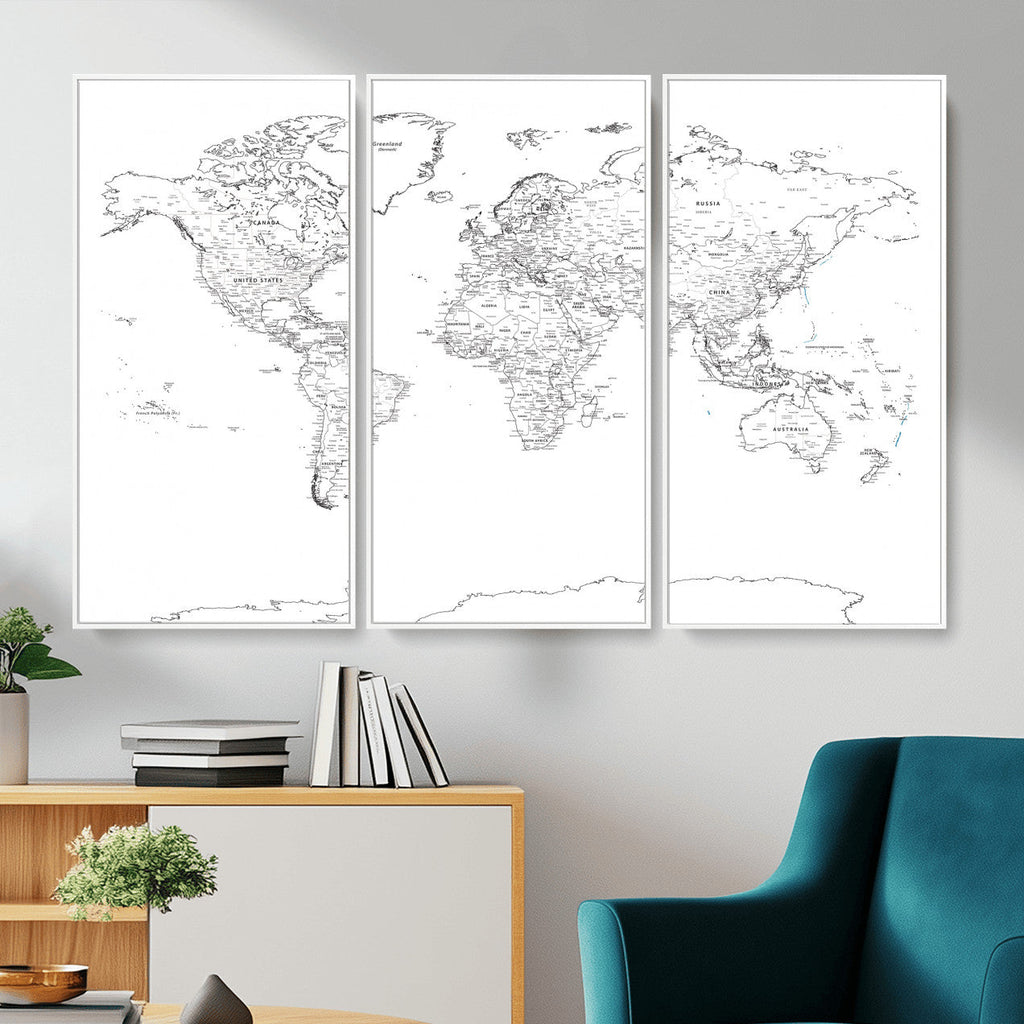 World Map Canvas Print, Framed Modern Detailed Map of the World for Home or Office