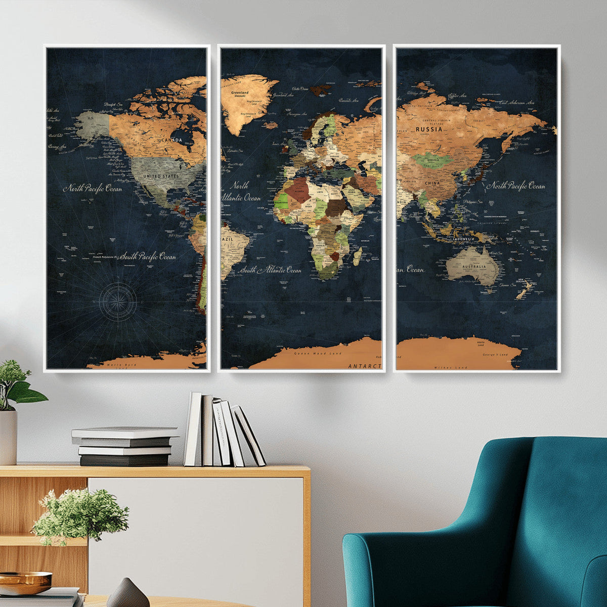 Vintage World Map Canvas Wall Art | Detailed Map with Countries, Oceans and Continents