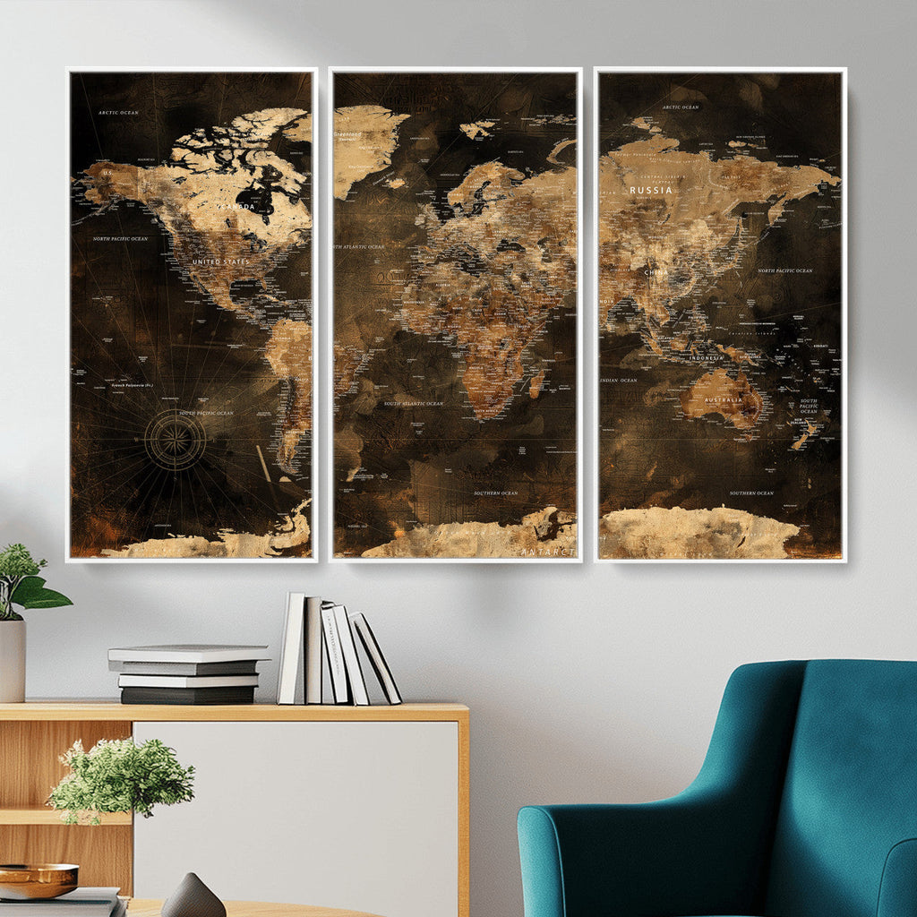 World Map Canvas Print, Modern Decorative Framed Map Artwork