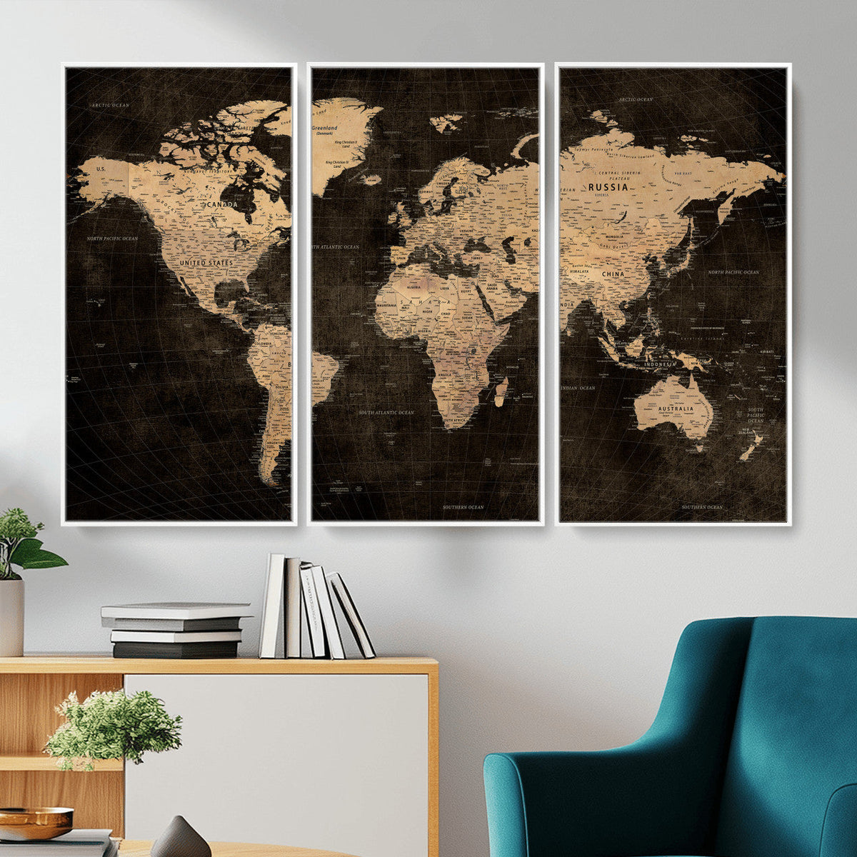 Brown World Map Canvas Print | Modern Travel Map Wall Art