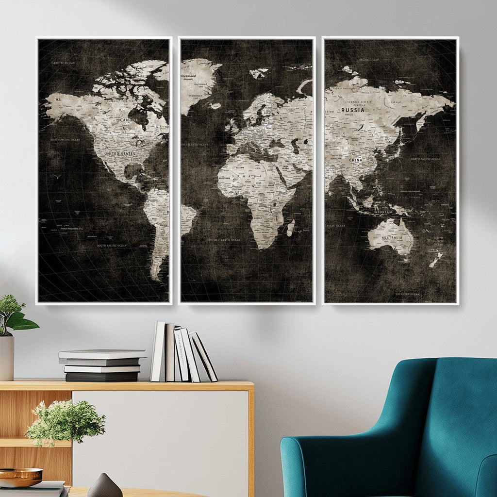 Vintage World Map Wall Art Canvas Print | Framed Large Map Wall Art