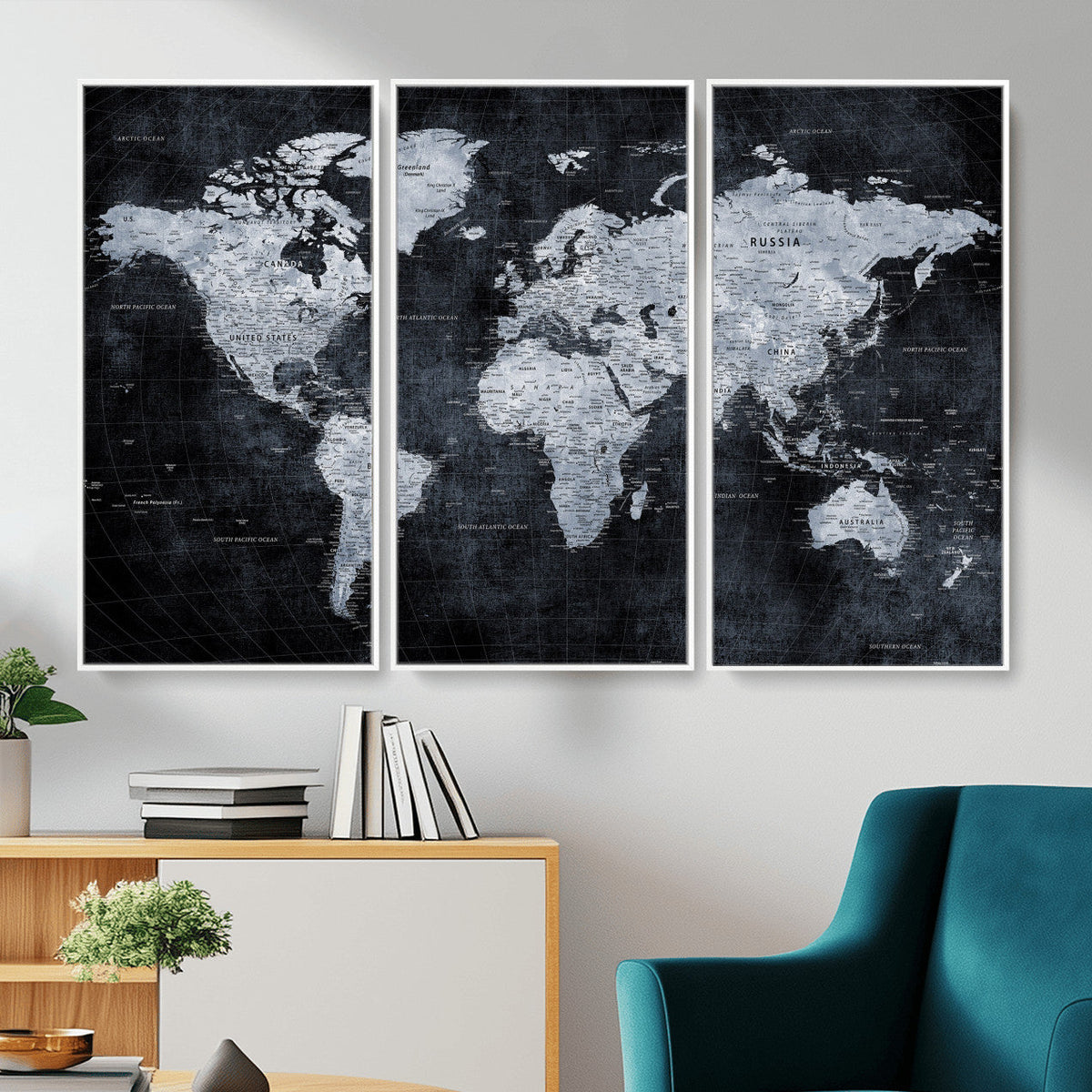 Black World Map Canvas Print | Detailed Map for Couples and Anniversary Gift