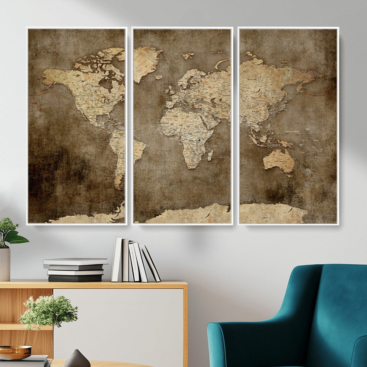 Dark Vintage World Map Canvas Wall Art Print, Antique Map Artwork