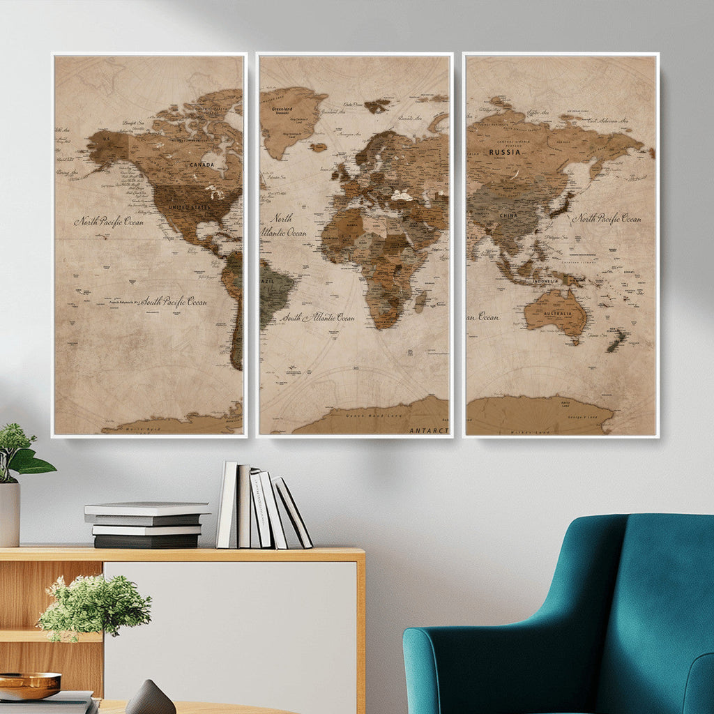 World Map Canvas Wall Art Print, Detailed Global Map Artwork