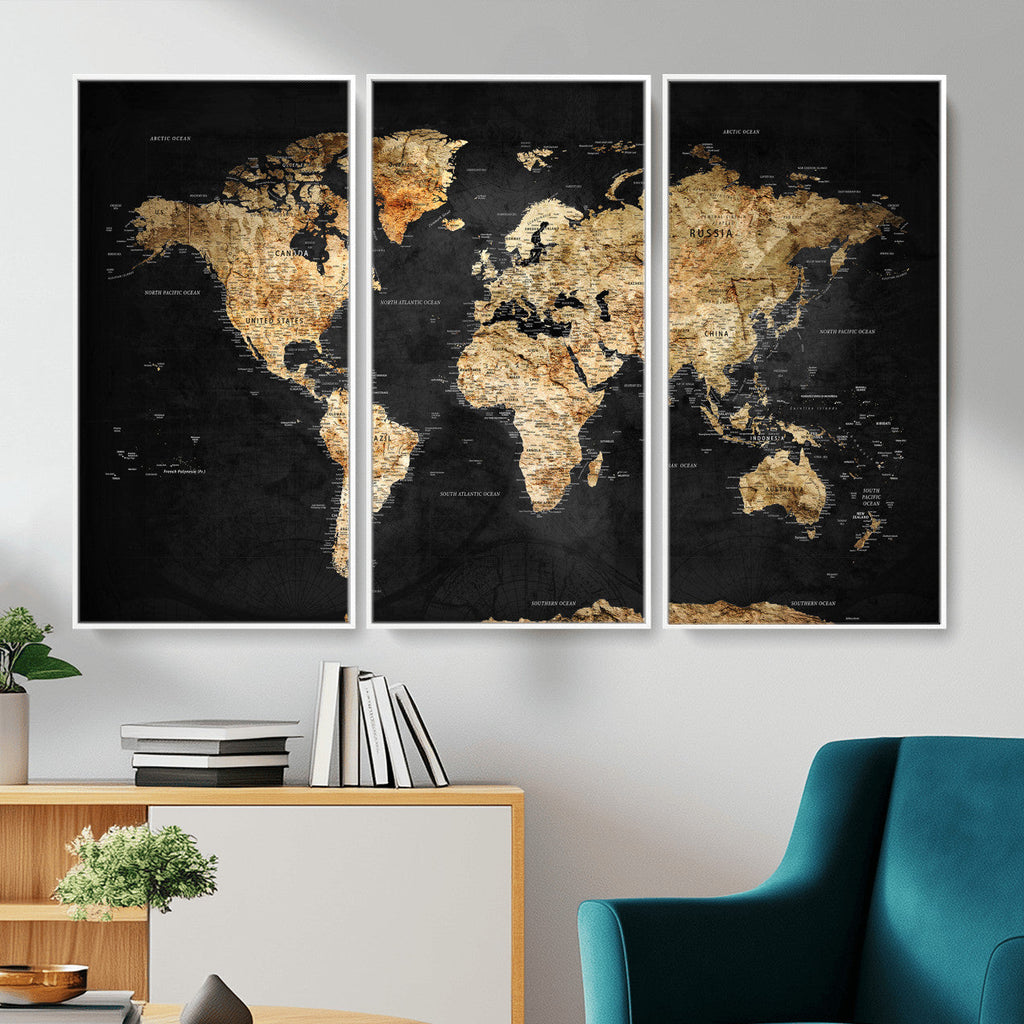 World Map Canvas Wall Art with Famous Landmarks | Framed Travel Map