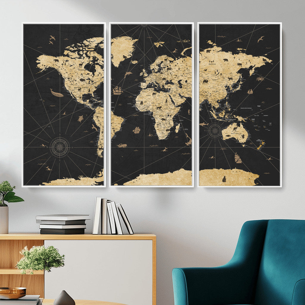 Vintage Blue and Brown World Map Canvas Wall Art | Framed Rustic Map Print