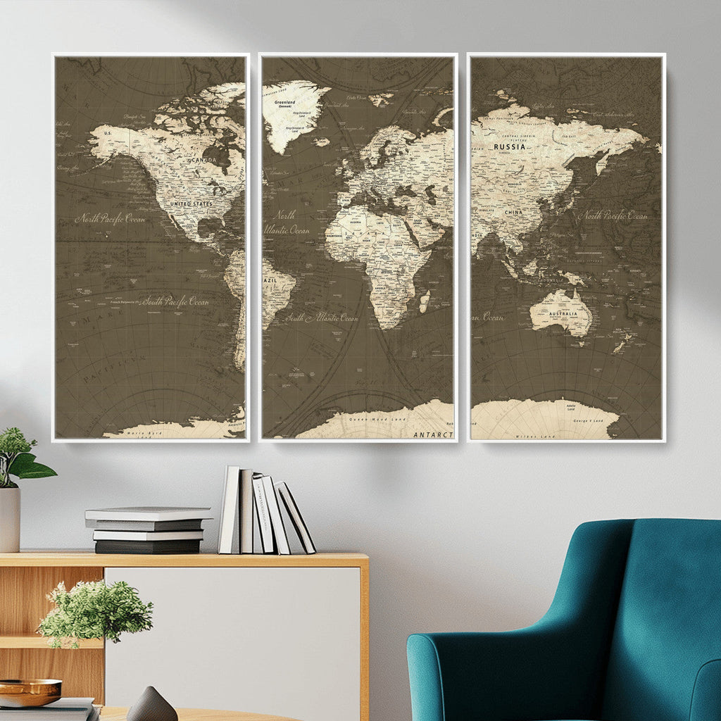 Vintage World Map Canvas Print | Framed Travel Map Wall Art for Couples