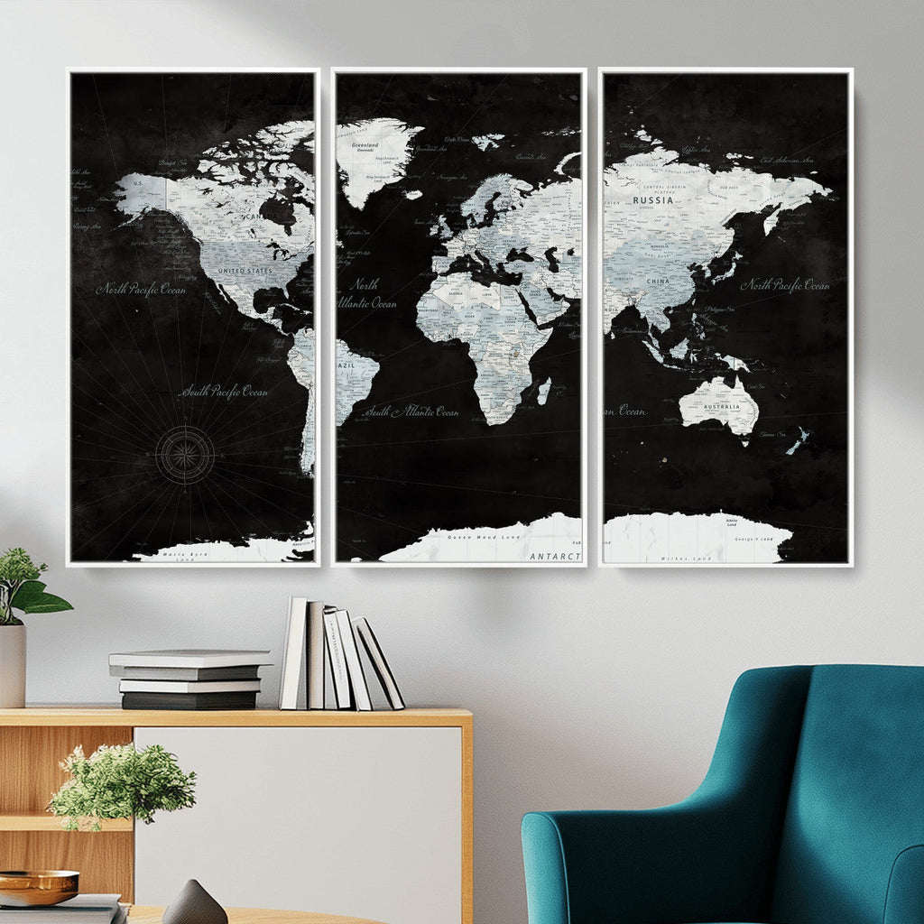 World Map Canvas Print | Framed Push Pin Wall Art, Color Splash Travel Map