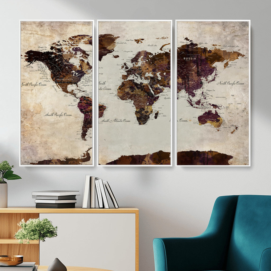 World Map Canvas Triptych | Colorful Global Wall Art for Living Rooms