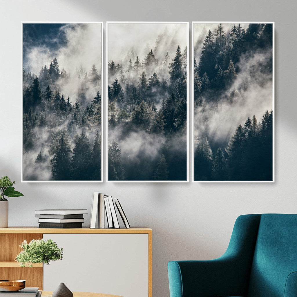 Foggy Mountain Forest Canvas Print, Misty Pine Trees Nature Wall Art