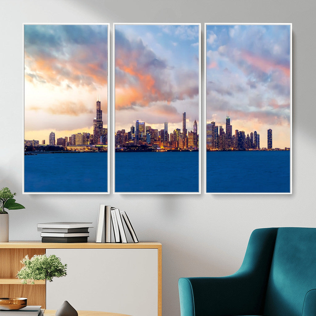 Chicago Wall Art Canvas Print - Chicago City Downtown Night Cityscape