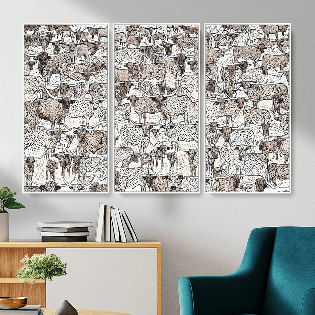 Abstract Texas Cow Wall Art Canvas Print, Farm Longhorn Art for Cabin Decor