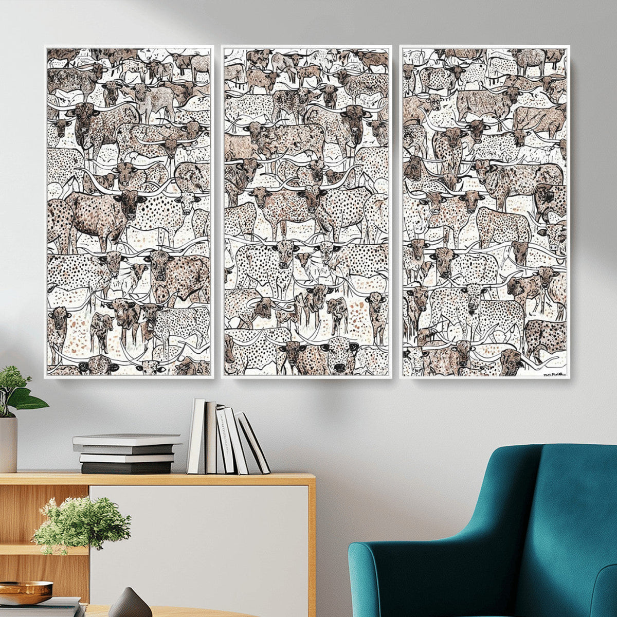 Abstract Texas Cow Wall Art Canvas Print, Farm Longhorn Art for Cabin Decor