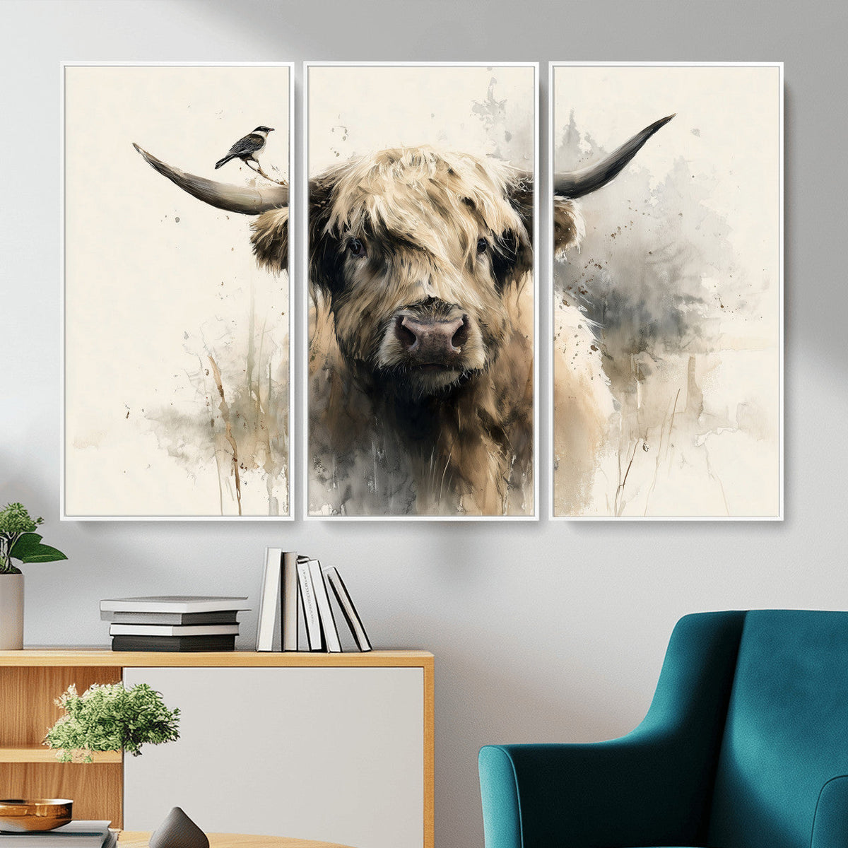 Abstract Highland Cow Wall Art Canvas Print, Rustic Farm Cattle Portrait