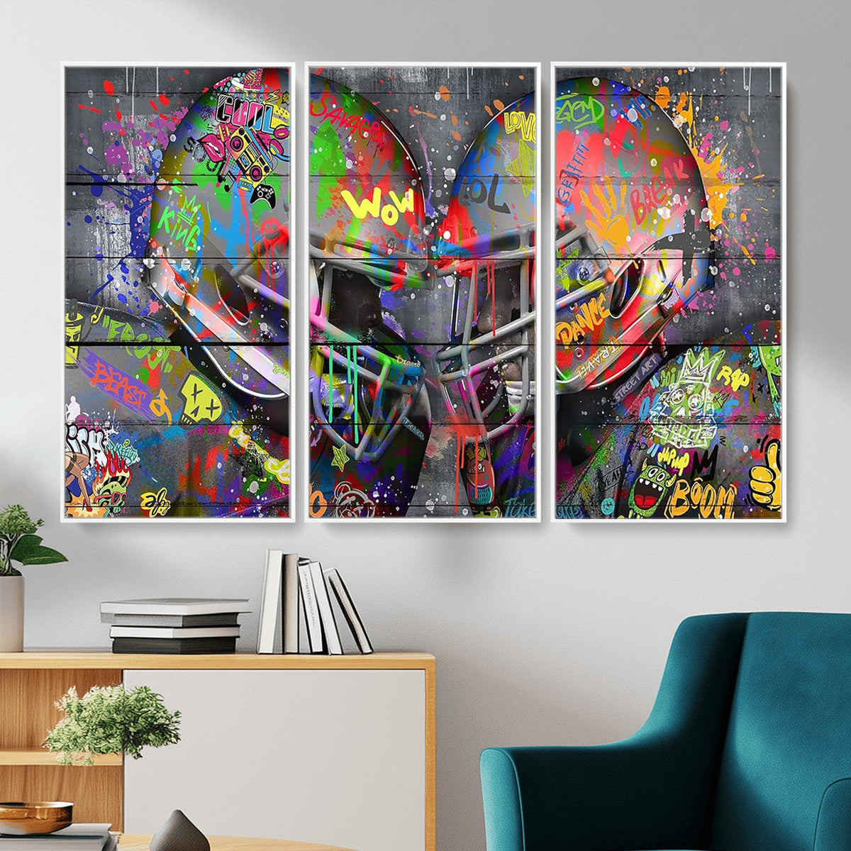 Graffiti Football Helmets Wall Art Canvas Print, Urban Street Art