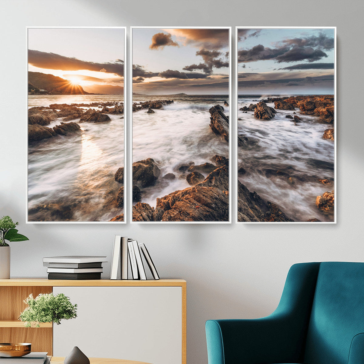 Rocky Coast Ocean Sunset Wall Art Canvas Print, Dramatic Seascape Nature Decor