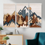 Layered Wooden Mountain Wall Art Canvas Print, Modern Rustic Forest and Pine Landscape
