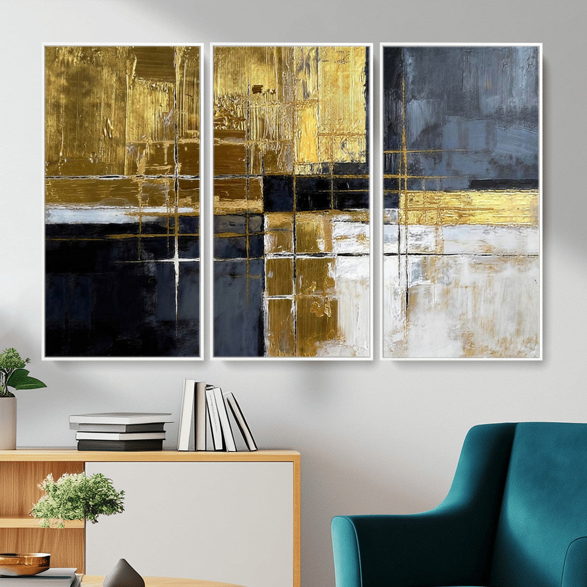 Gold Navy Abstract Wall Art Canvas Print, Modern Luxury Geometric Art for Living Room and Office