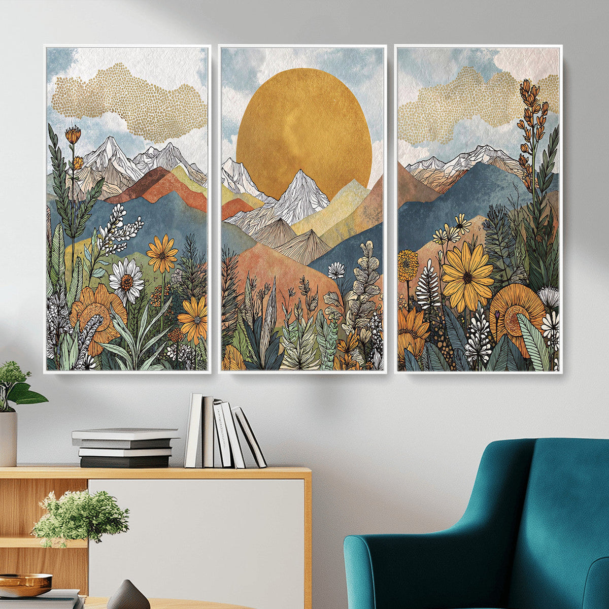 Boho Mountain Landscape Large Wall Art, Horizontal Gold Sun and Flowers Print
