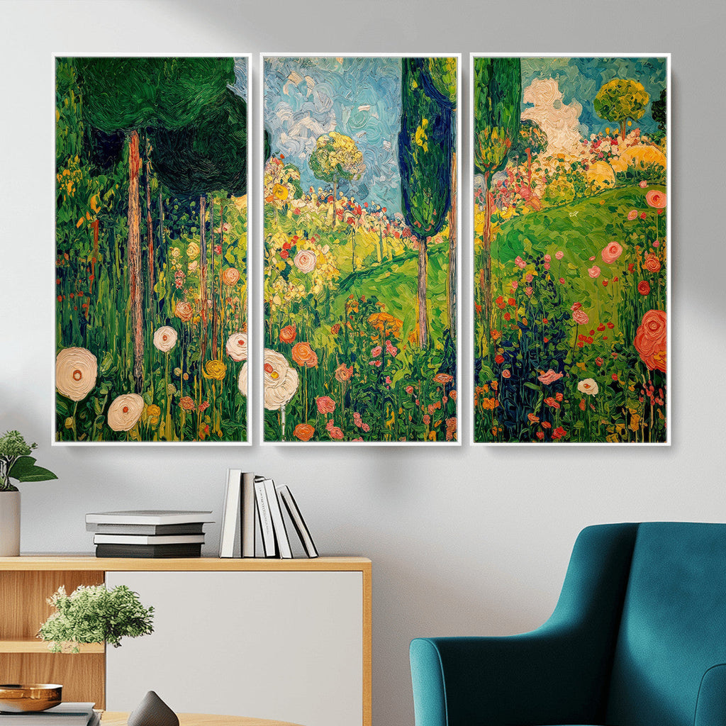 Gustav Klimt Boho Mountain Landscape Large Wall Art, Gold Sun and Flowers Print