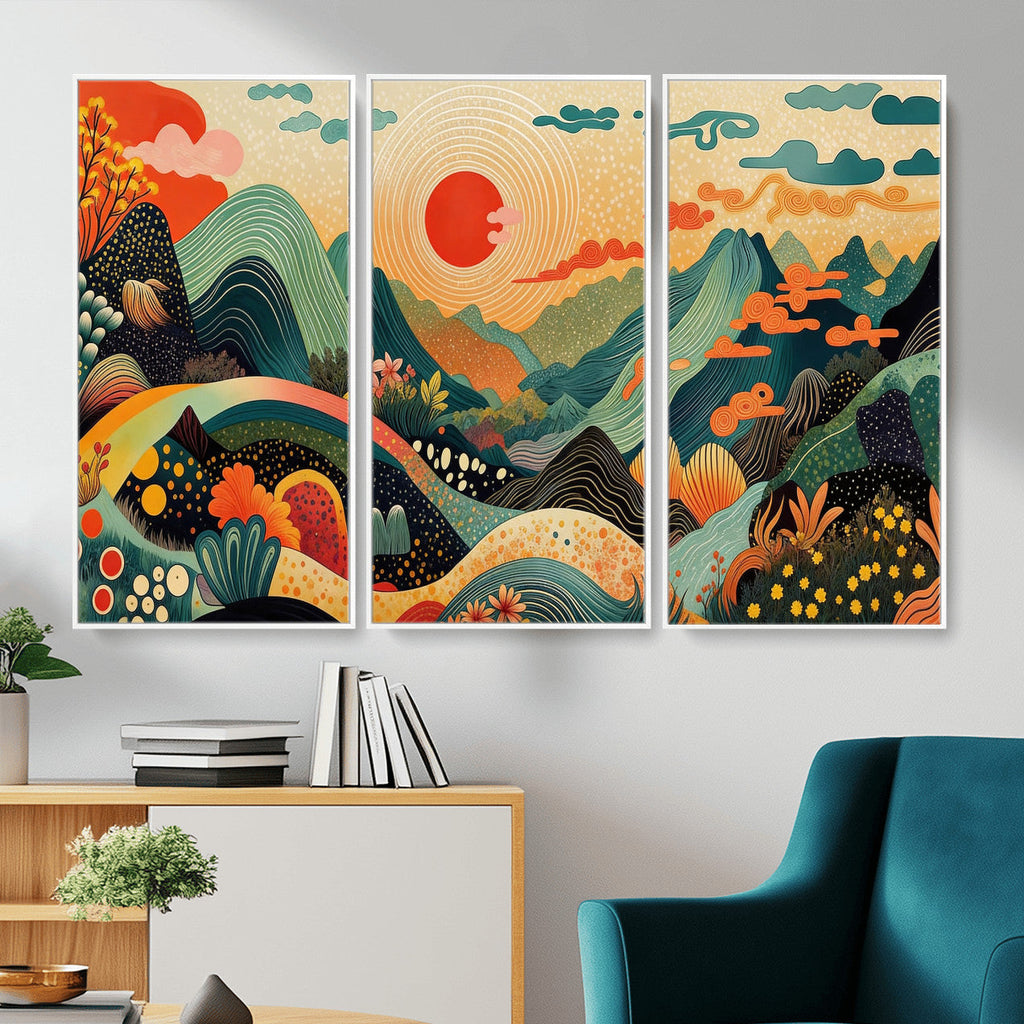 Yayoi Kusama Boho Mountain Landscape Large Wall Art, Gold Sun and Flowers Print