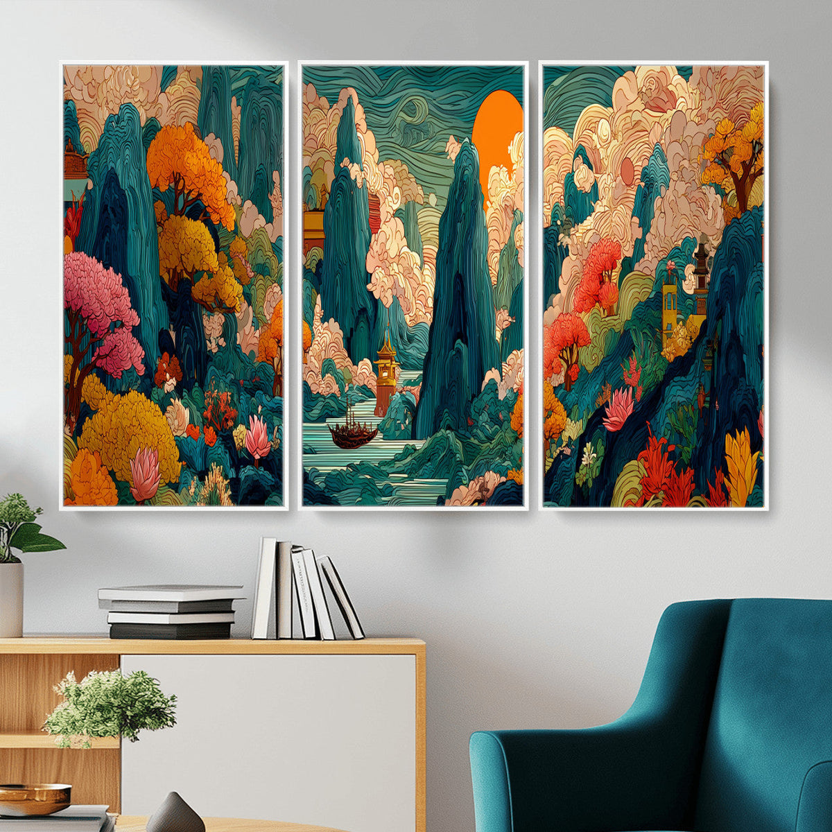 Colorful Japanese Landscape Print: Maximalist Panoramic Wall Art