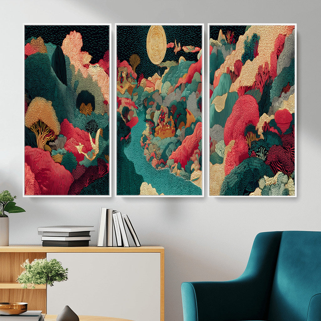 Colorful Japanese Landscape Print: Maximalist Panoramic Wall Art