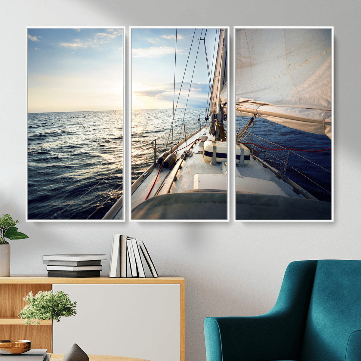Sailboat Wall Art Canvas Print, Ocean Sunset Sailing Framed Artwork