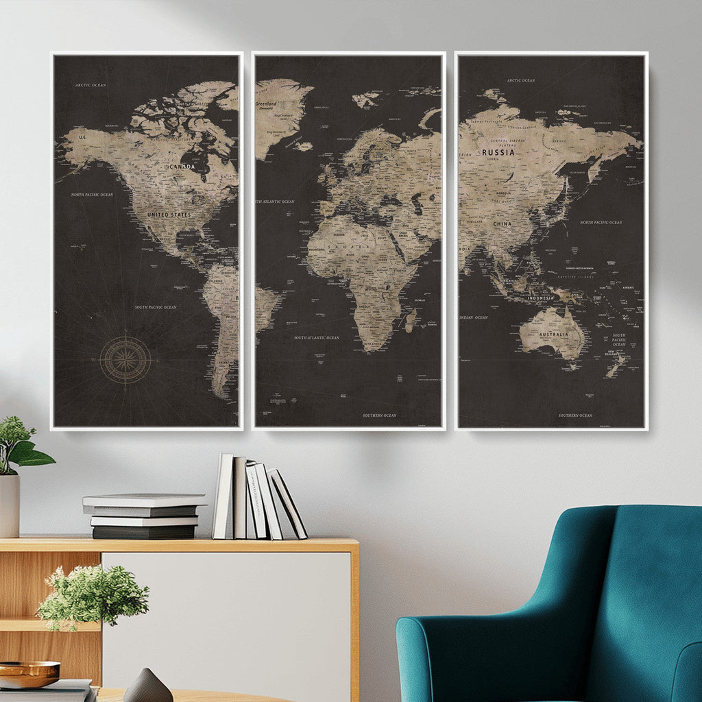 World Map Canvas Wall Art, Dark Charcoal and Antique Tan Detailed Map