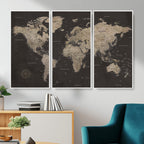 World Map Canvas Wall Art, Dark Charcoal and Antique Tan Detailed Map