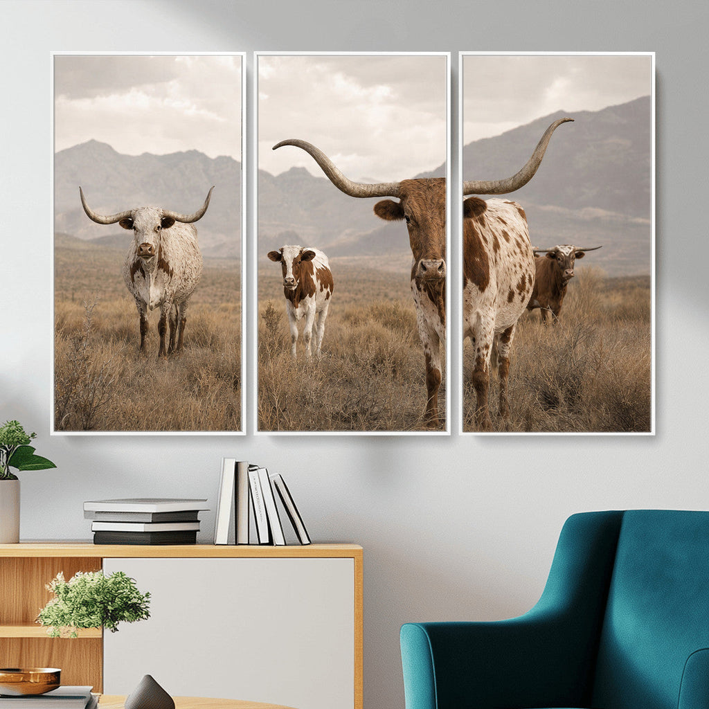 Rustic Texas Longhorn Cow Canvas Wall Art Print, Farm Animal Photography