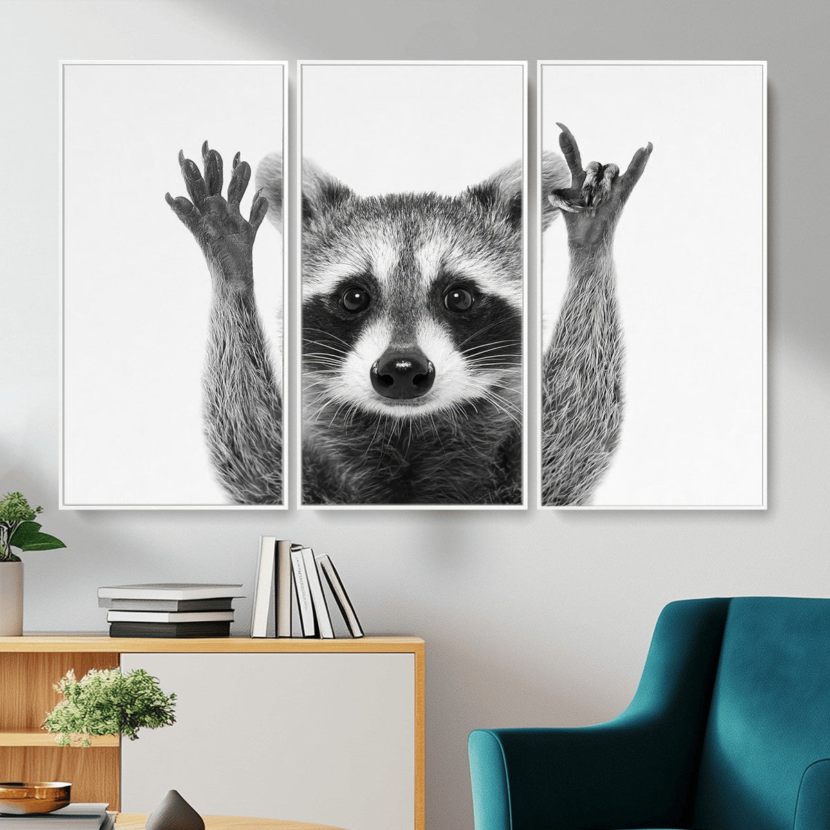 Funny Raccoon Canvas Wall Art, Black White Hands Up Animal Photo Print