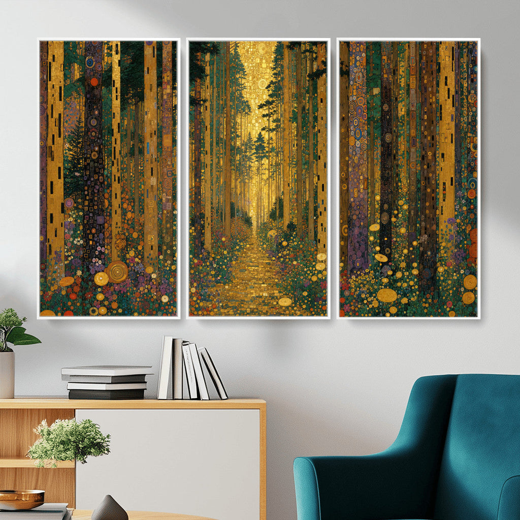 Gustav Klimt Style Forest Canvas Wall Art, Golden Forest Path Floral Art Nouveau Print