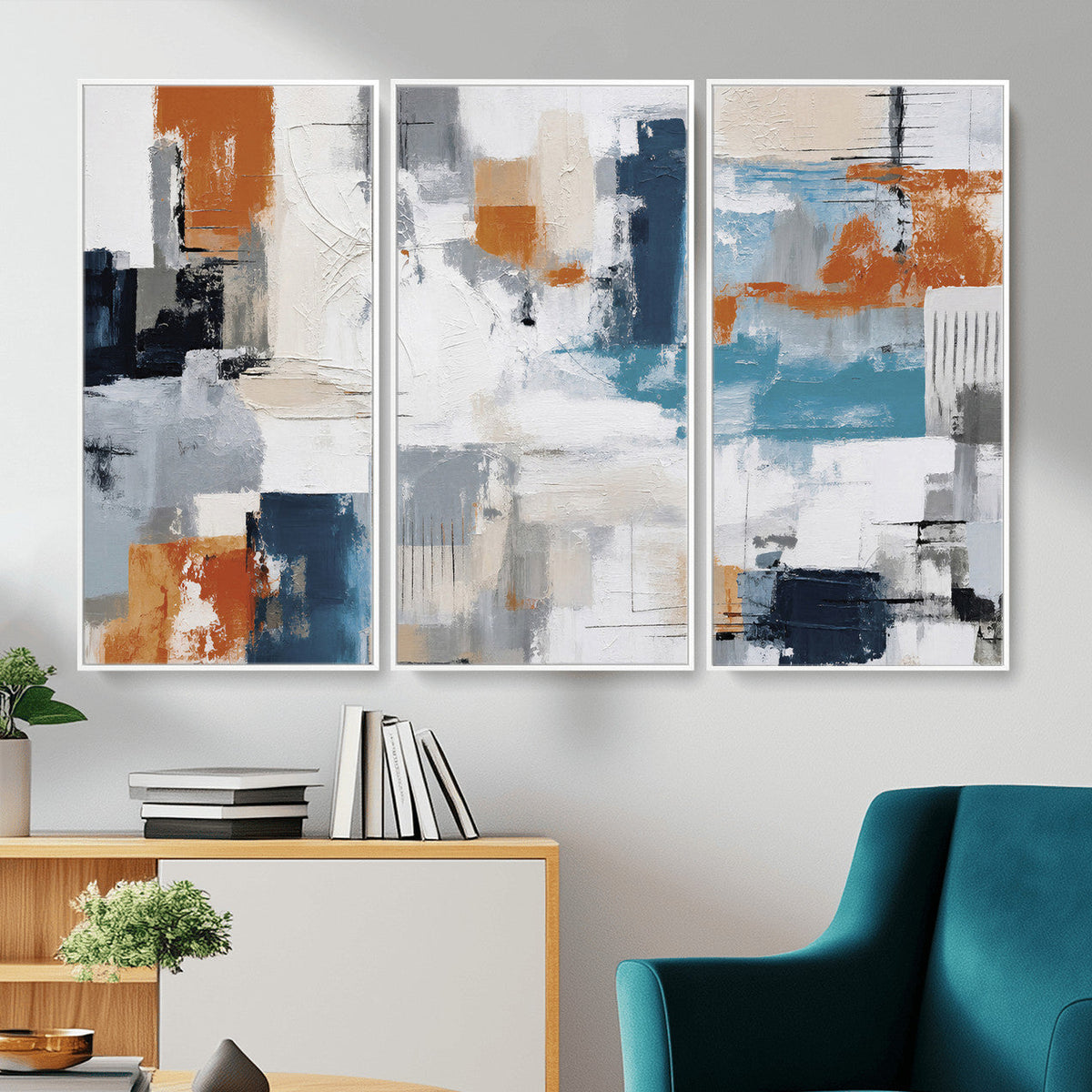 Blue Teal Abstract Canvas Wall Art, Modern Brushstroke Style Print, Navy Orange Contemporary Decor