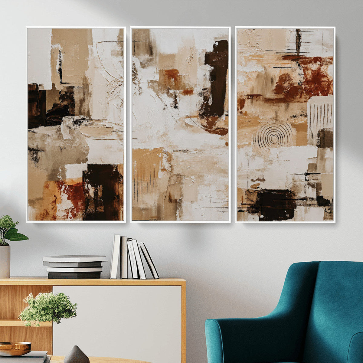 Blue Teal Abstract Canvas Wall Art, Modern Brushstroke Style Print, Navy Orange Contemporary Decor