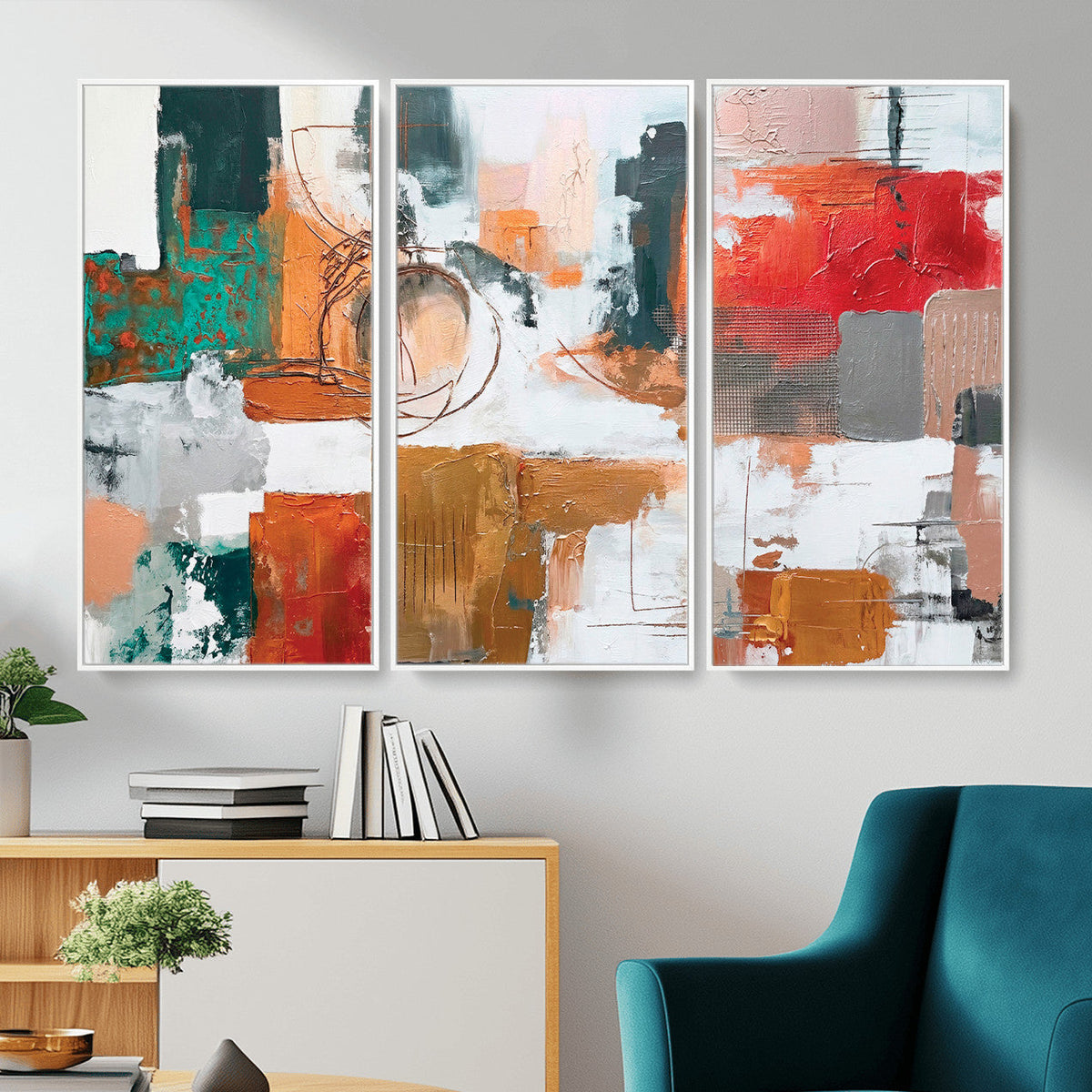 Blue Teal Abstract Canvas Wall Art, Modern Brushstroke Style Print, Navy Orange Contemporary Decor