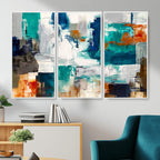 Blue Teal Abstract Canvas Wall Art, Modern Brushstroke Style Print, Navy Orange Contemporary Decor