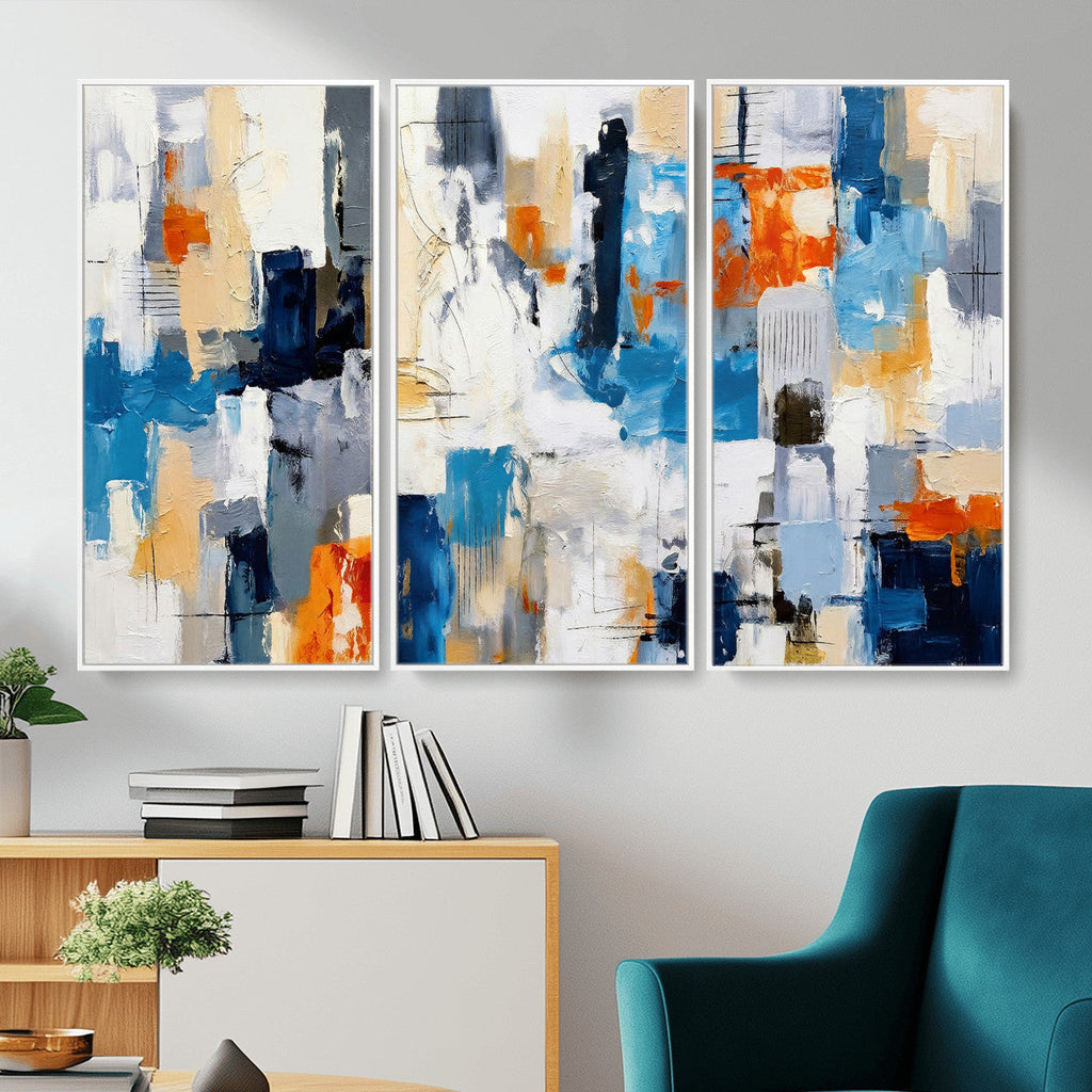 Blue Teal Abstract Canvas Wall Art, Modern Brushstroke Style Painting Print, Navy Orange Contemporary Decor