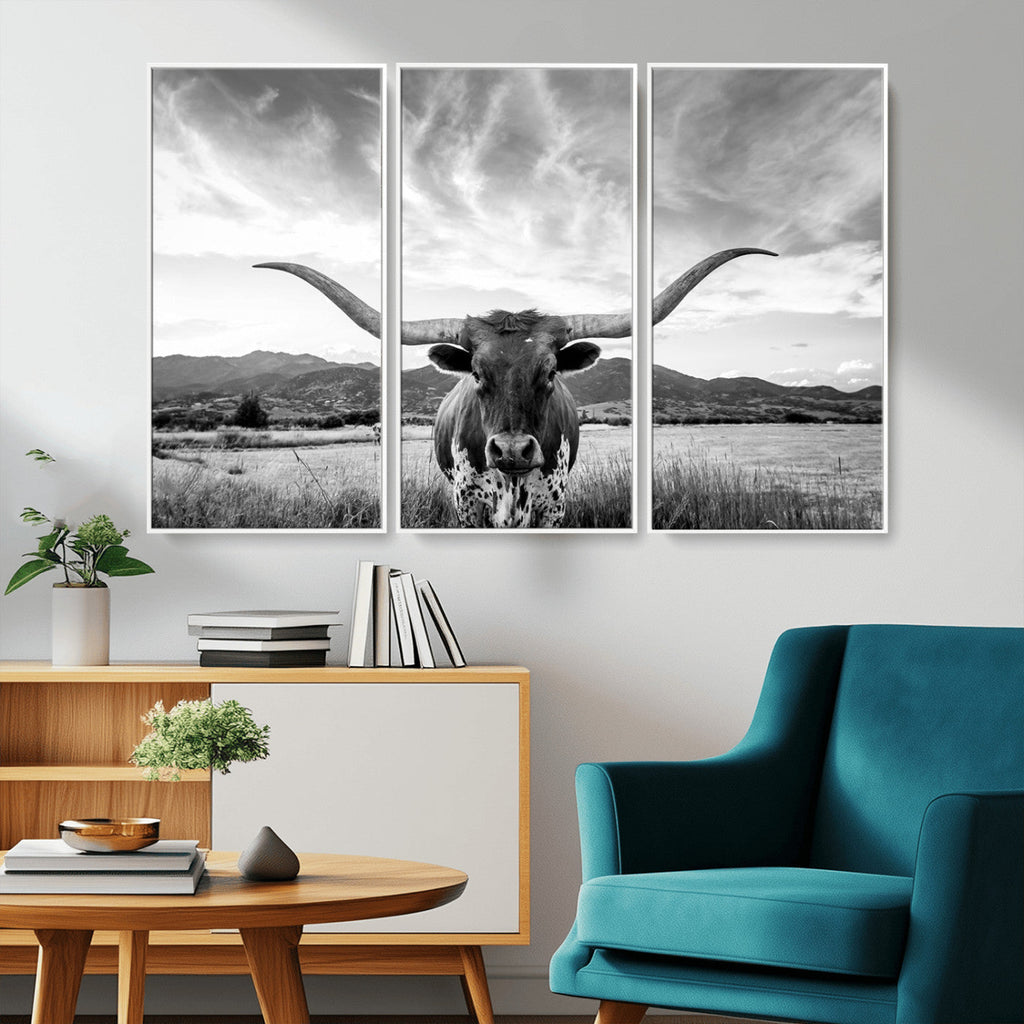 Longhorn Black and White Wall Art | Rustic Western Bull Canvas Print