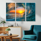 Ocean Wave Sunset Wall Art | Large Coastal Wave Canvas Print