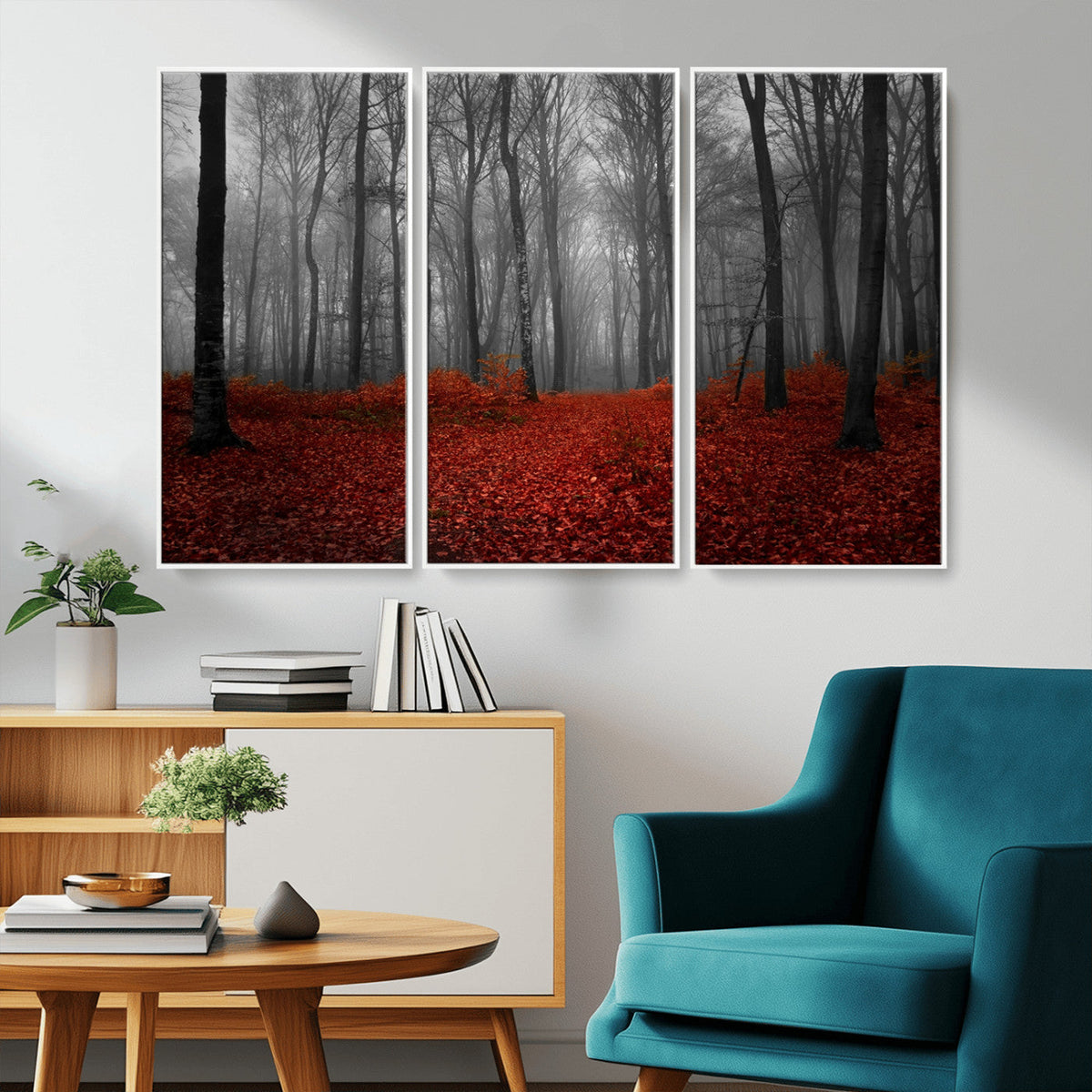 Red Forest Floor Canvas Wall Art | Mystical Foggy Woodland Triptych