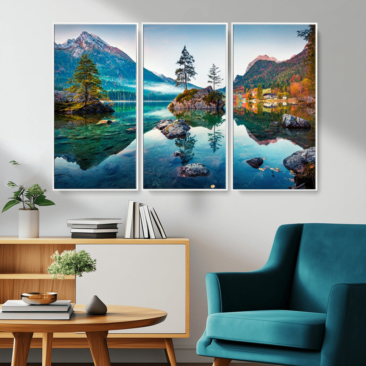 Crystal Clear Lake Wall Art | Mountains Wall Art Canvas | 3 Panel Landscape