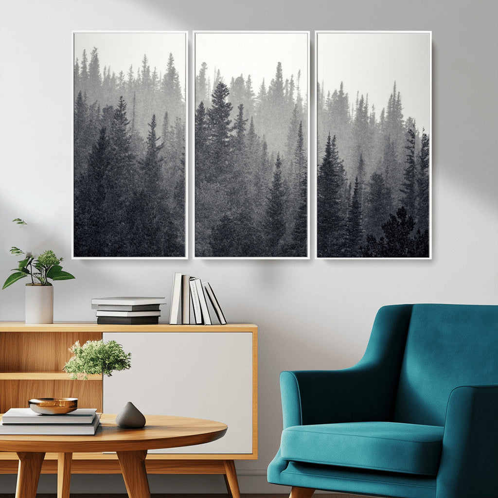 Misty Forest Canvas Wall Art | Monochrome Triptych Pine Tree Print